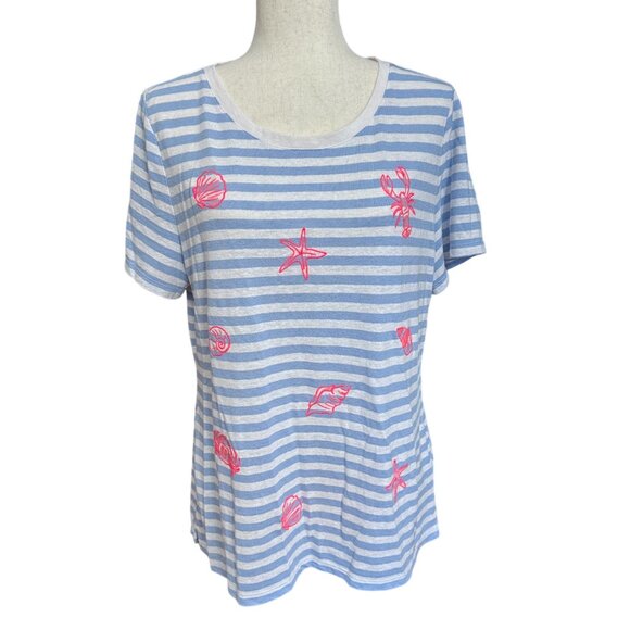 Talbots Shirt Women L Stars & Shells Crewneck Tee Linen Blend Blue White Stripe - Picture 1 of 11